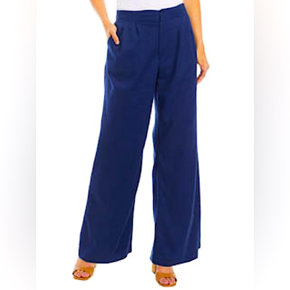 WONDERLY Blue Pleated Front Wide Leg Trousers